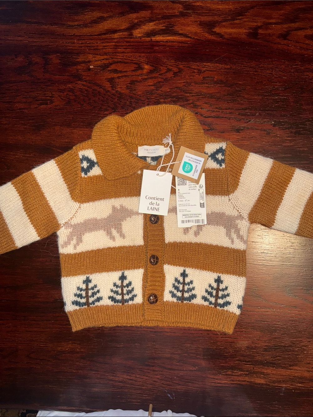 Children's Camel & Cream Striped Knit Cardigan with Forest Motif